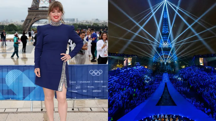 Person in blue dress at Olympic event in Paris; Eiffel Tower with light show at night.