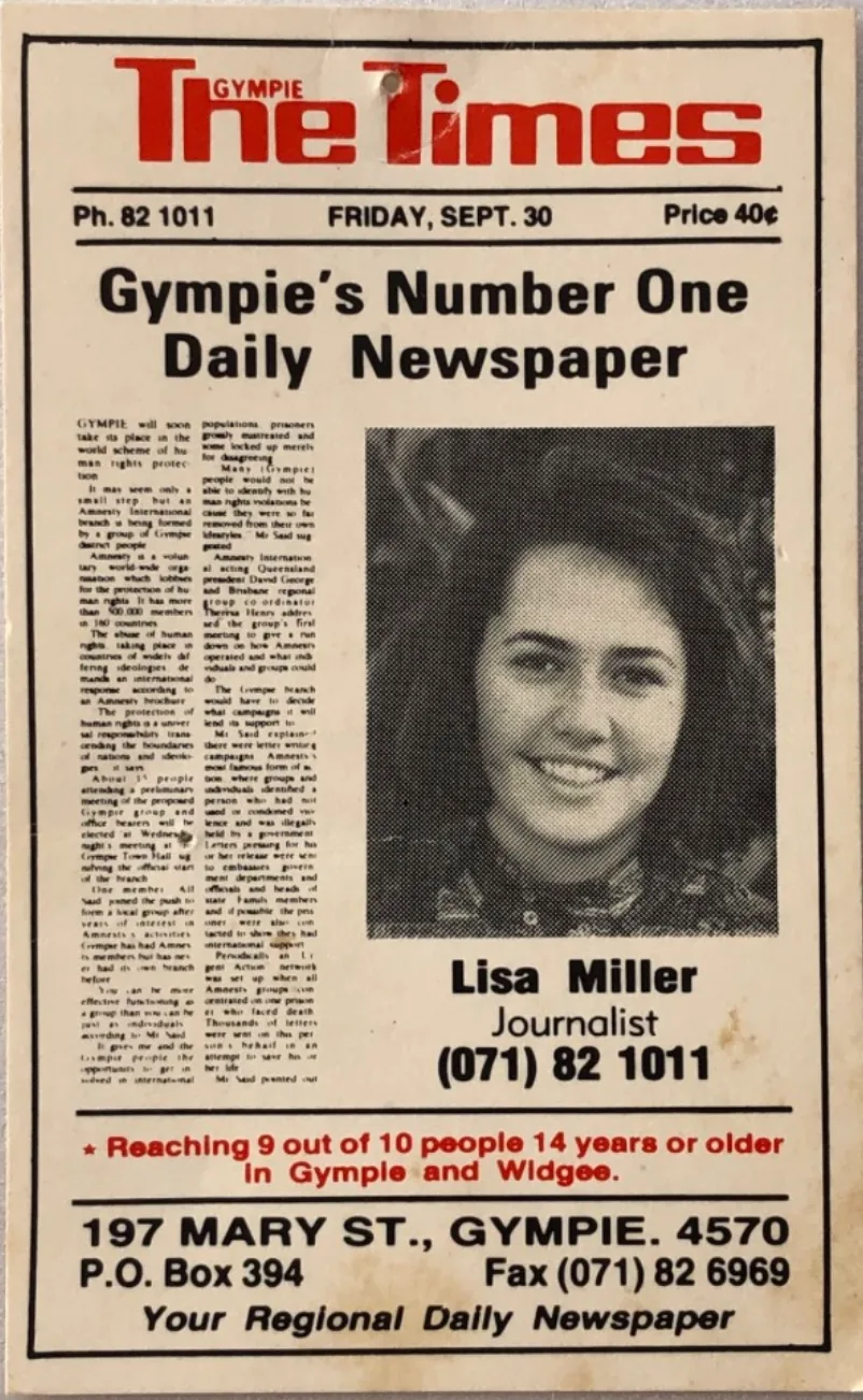 Lisa Millar's first business card for The Gympie Times saw her name misspelled. Picture supplied