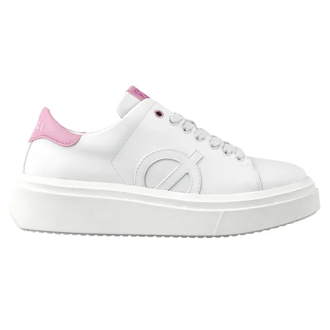 White platform sneaker with pink accents and circular logo on the side.