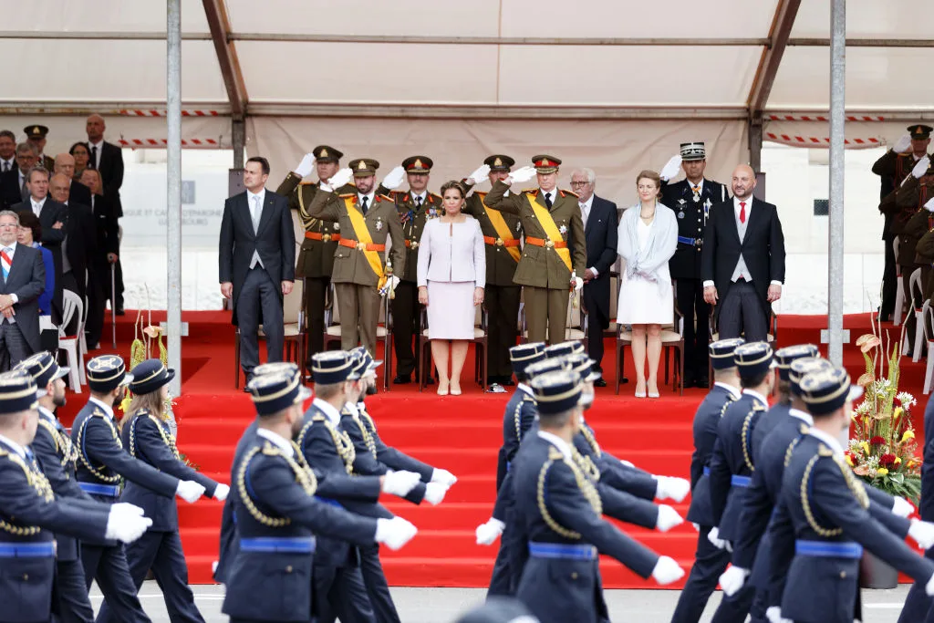 Prime Minister Xavier Bettel, Prince Guillaume of Luxembourg, Grand Duchess Maria Teresa of Luxembourg, Grand Duke Henri of Luxembourg, Princess Stephanie and Defense Minister Etienne Schneider attend National Day parade on June 23, 2018 in Luxembourg, Luxembourg. (Photo by Sylvain Lefevre/Getty Images )