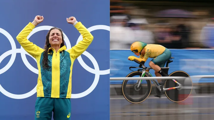 Australian cyclist celebrates with raised arms; competes in cycling race wearing yellow-green gear at the Olympics.