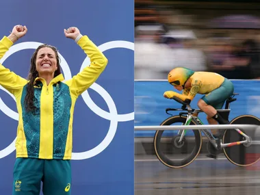 Australian cyclist celebrates with raised arms; competes in cycling race wearing yellow-green gear at the Olympics.