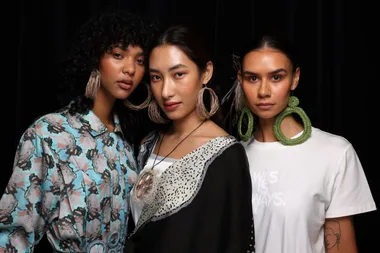 SYDNEY, AUSTRALIA - MAY 17: Models pose backstage ahead of the Ngali show during Afterpay Australian Fashion Week 2023 at Carriageworks on May 17, 2023 in Sydney, Australia. (Photo by Mark Nolan/Getty Images for AAFW)