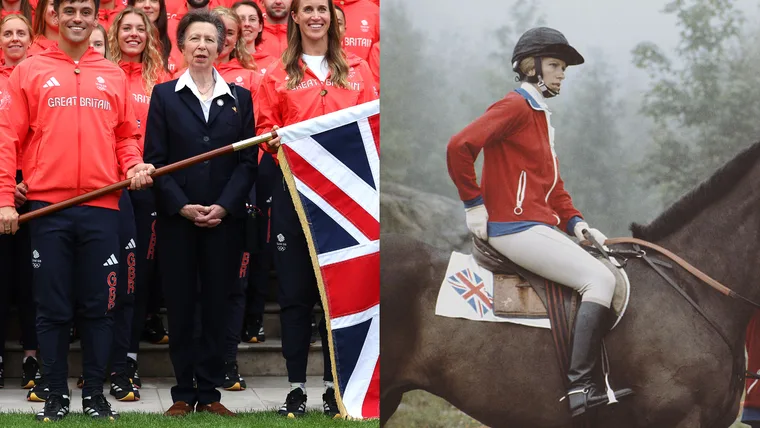Left: Group with UK flag, athletes in red jackets. Right: Person riding a horse with UK emblem, red jacket, helmet.