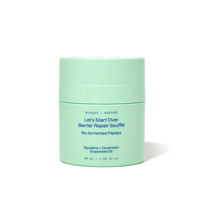 Turquoise jar of "Let's Start Over Barrier Repair Souffl&eacute;" with squalane and ceramides, 50 ml.