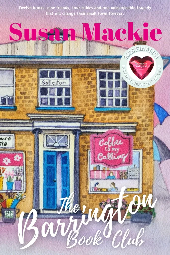 A colourful hand-drawn image of a two-storey brick building. Book cover The Barrington Book Club.