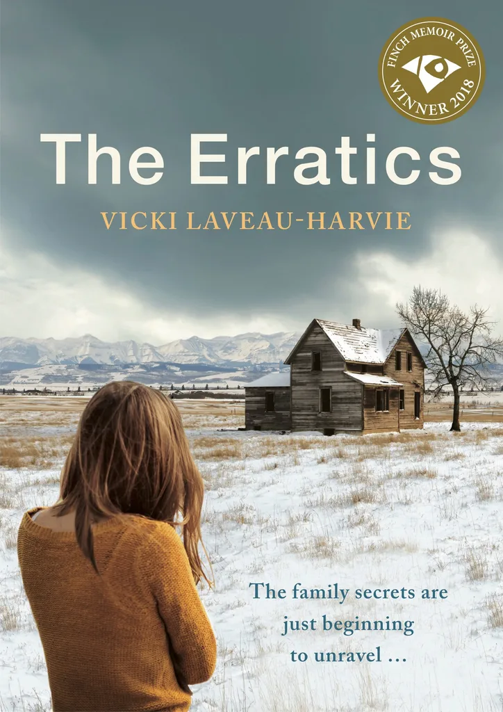 Book cover of Stella Prize winning The Erratics. A young woman stares at a wooden house in a snowy field.