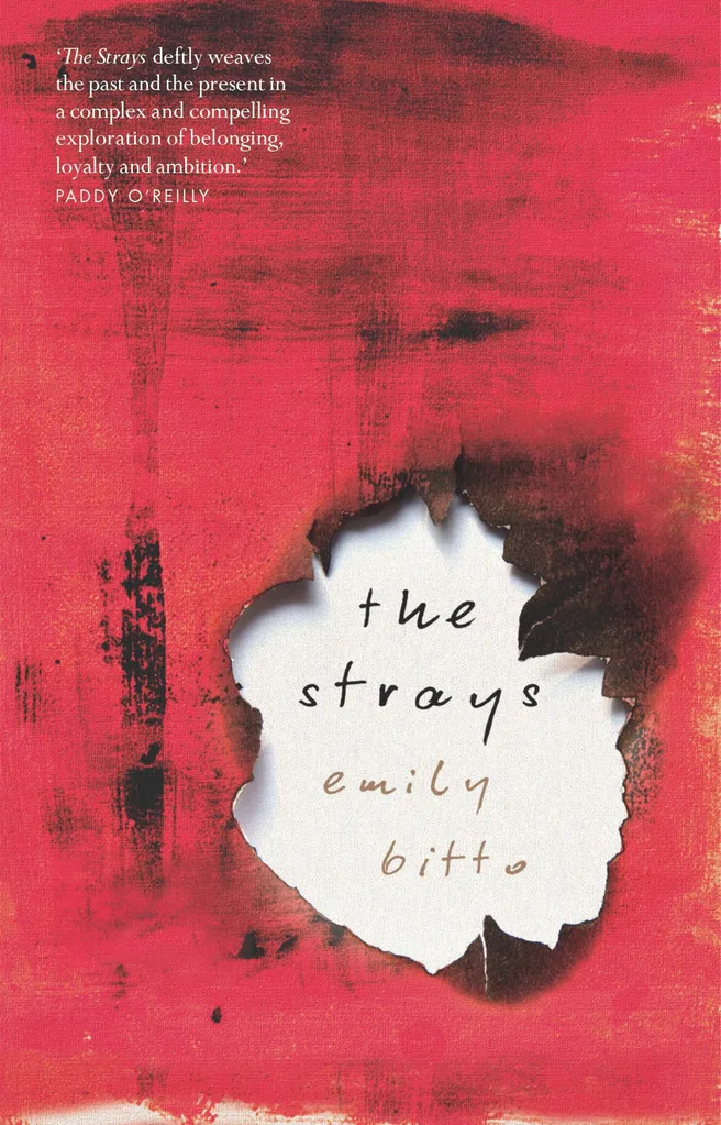 Book cover of The Strays. Red wallpaper with a burn hole.