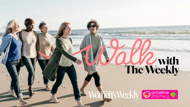 Five women walking on a beach, smiling, with the text "Walk with The Weekly" and logos for Women's Weekly and Priceline.