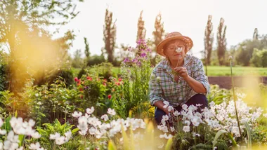 Elderly woman in a straw hat kneels in a vibrant flower garden, examining a white bloom under a sunny sky.