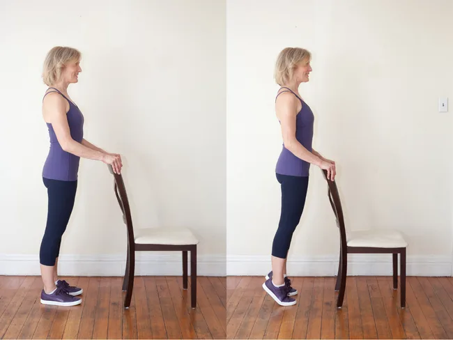 Woman demonstrating calf raises holding a chair for balance in a side-by-side comparison.