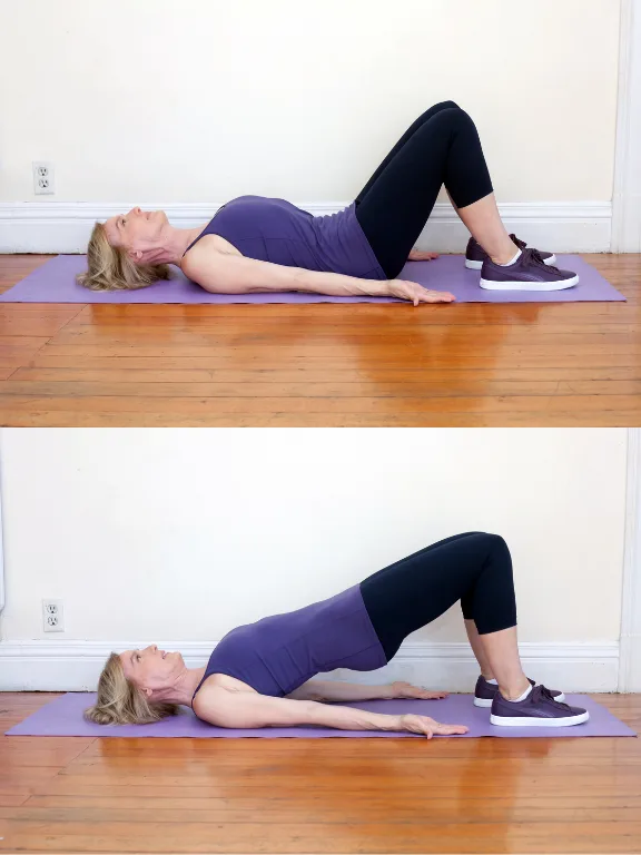 Woman in purple tank top performs a bridge exercise on a yoga mat, shown in starting and lifted positions.