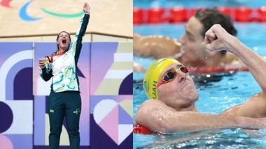 Two Paralympic swimmers celebrate; one with a gold medal on the podium, the other clenching fist in the pool.