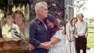 Three images side by side: Bindi Irwin and Steve Irwin; Jimmy Barnes and Elly-May Barnes; Michelle Payne and Paddy Payne