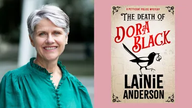 Portrait of a smiling woman beside a book cover titled "The Death of Dora Black" by Lainie Anderson.