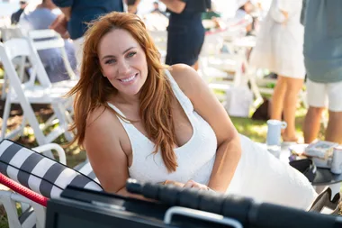 Jules Robinson posing on a lounger.