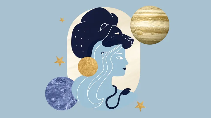 Astrological illustration with a woman's profile, lion, planets, and stars on a blue background.