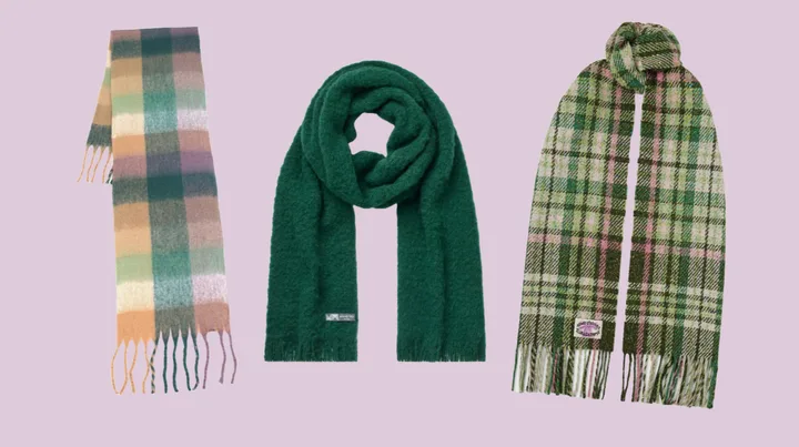 Three scarves: left plaid in pastel hues, center solid green, right plaid in green and pink tones, all on a light purple background.