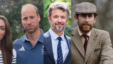 Four men in three images: casual, suit, and vintage outfits, with different facial hair and hairstyles.