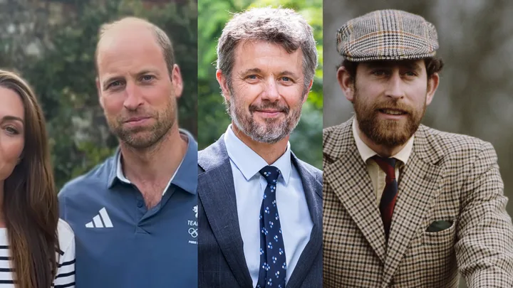 Four men in three images: casual, suit, and vintage outfits, with different facial hair and hairstyles.