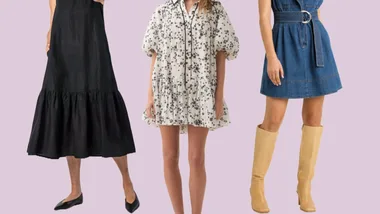 Three women wearing different dresses: black midi, floral mini, and blue denim with knee-high boots on a pastel background.