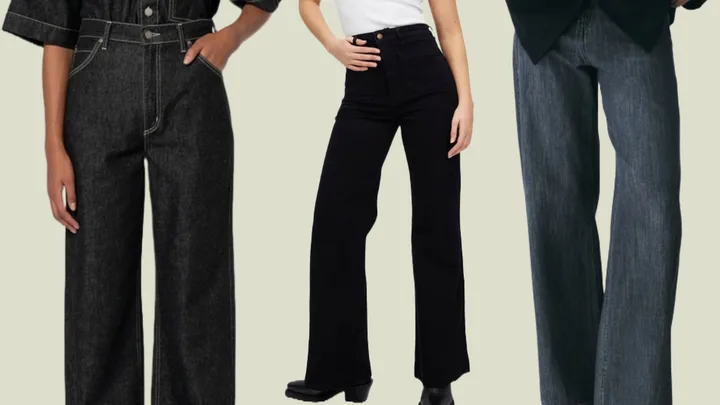 Various styles of wide-leg jeans displayed on a light background.