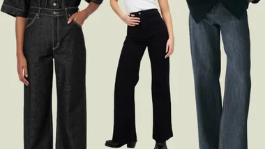 Various styles of wide-leg jeans displayed on a light background.