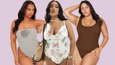 Three women wearing different stylish swimsuits pose confidently against a light pink background.