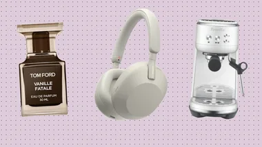 Tom Ford Vanille Fatale perfume, Sony headphones, and Breville espresso machine on a dotted lavender background.