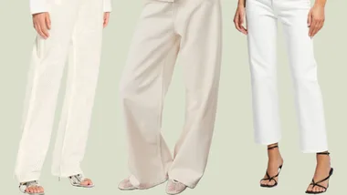 Three different styles of white pants worn by models, featuring wide-leg, mesh, and straight cuts.