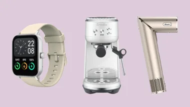 Smartwatch, Breville coffee machine, and Shark hairdryer against a light purple background.