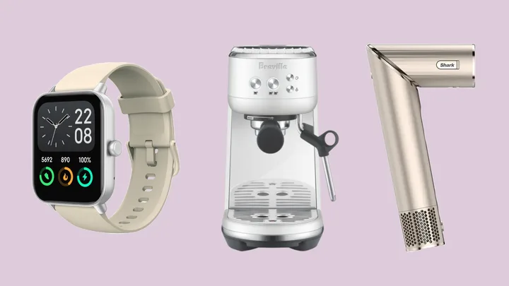 Smartwatch, Breville coffee machine, and Shark hairdryer against a light purple background.