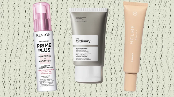 Three makeup primers: Revlon Photoready Prime Plus, The Ordinary High-Adherence Silicone Primer, Holme Beauty Primer.