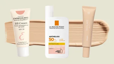 Three skincare products on a beige background: Embryolisse BB Cream, La Roche-Posay SPF 50+, and Holme Beauty Primer.