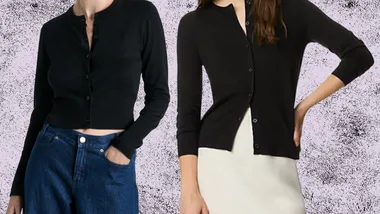 Two women wearing black cardigans, one paired with jeans and the other with a skirt, against a textured background.