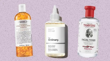 Three facial toner bottles on a speckled purple background: Kiehl's Calendula, The Ordinary Glycolic Acid, and Thayers Witch Hazel.