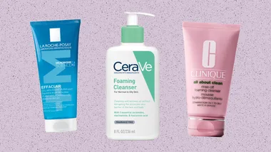 Three skincare products: La Roche-Posay Effaclar, CeraVe Foaming Cleanser, Clinique All About Clean, on speckled lavender background.