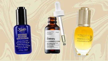 Bottles of skincare oils: Kiehl's Midnight Recovery, The Ordinary Argan Oil, L'Occitane Immortelle Divine.