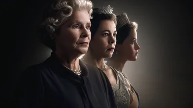 Three women from "The Crown," each in profile view, wearing elegant attire and tiaras, facing right.