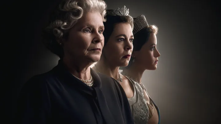 Three women from "The Crown," each in profile view, wearing elegant attire and tiaras, facing right.