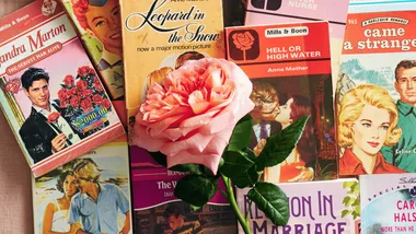 A collection of vintage romance novel covers with a pink rose placed on top.