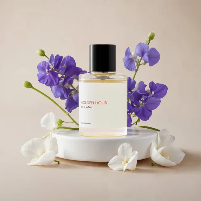A bottle of "Golden Hour" perfume on a white pedestal surrounded by purple and white flowers.