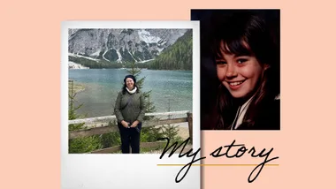 A woman standing by a lake with mountains in the background, and a childhood photo of her smiling on a peach background.