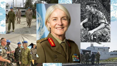 Collage of a military officer in uniform with fellow soldiers, a helicopter, and a United Nations background.