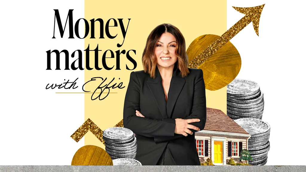 "Effie in black suit, arms crossed, with 'Money Matters with Effie' text, coins, house, and arrow graphic in background."