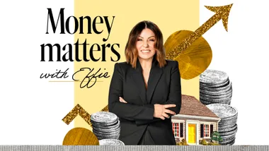 "Effie in black suit, arms crossed, with 'Money Matters with Effie' text, coins, house, and arrow graphic in background."