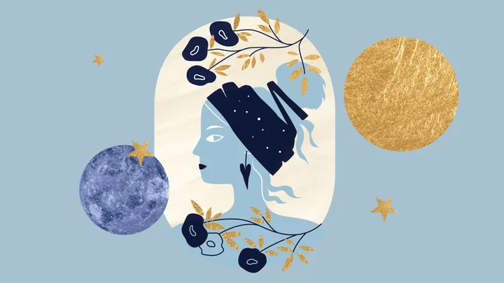 Abstract illustration of a woman in profile, wearing a hat with floral and star motifs against a blue background.