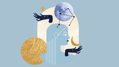 Abstract illustration of a person with celestial elements: moon, stars, and constellations on light blue background.