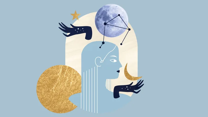 Abstract illustration of a person with celestial elements: moon, stars, and constellations on light blue background.