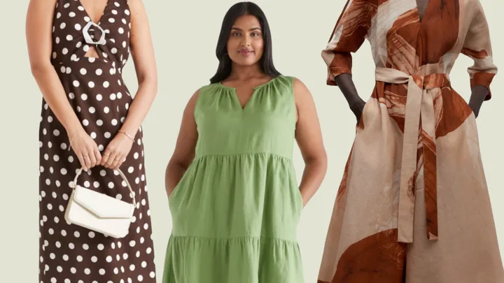 Three women modeling dresses: brown polka-dot, green sleeveless, and patterned wrap dress.
